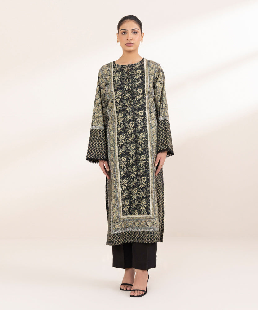 Women's Pret Printed Black Khaddar A Line Shirt