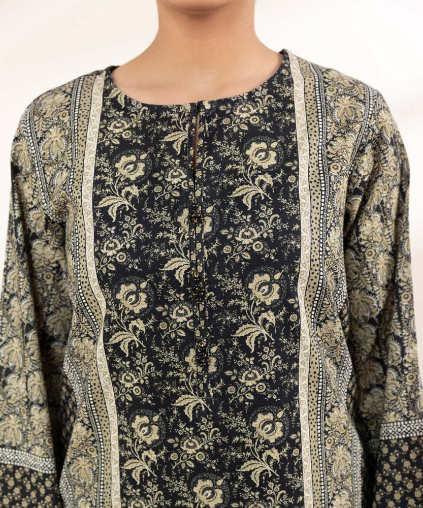 Women's Pret Printed Black Khaddar A Line Shirt