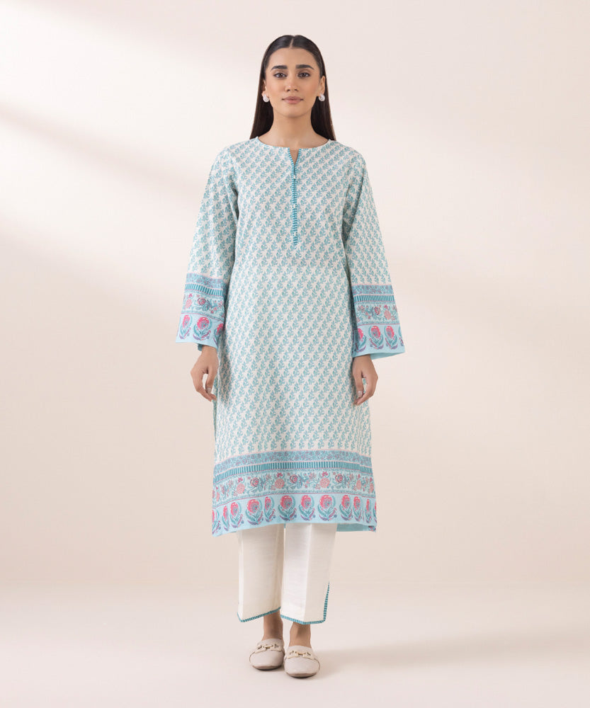 Women's Pret Printed Blue On White Khaddar A Line Shirt