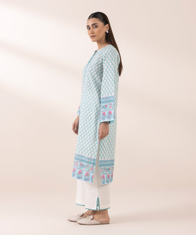 Women's Pret Printed Blue On White Khaddar A Line Shirt