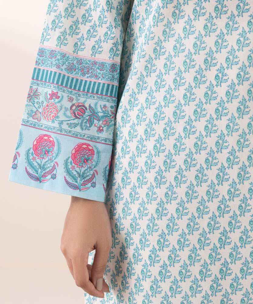 Women's Pret Printed Blue On White Khaddar A Line Shirt