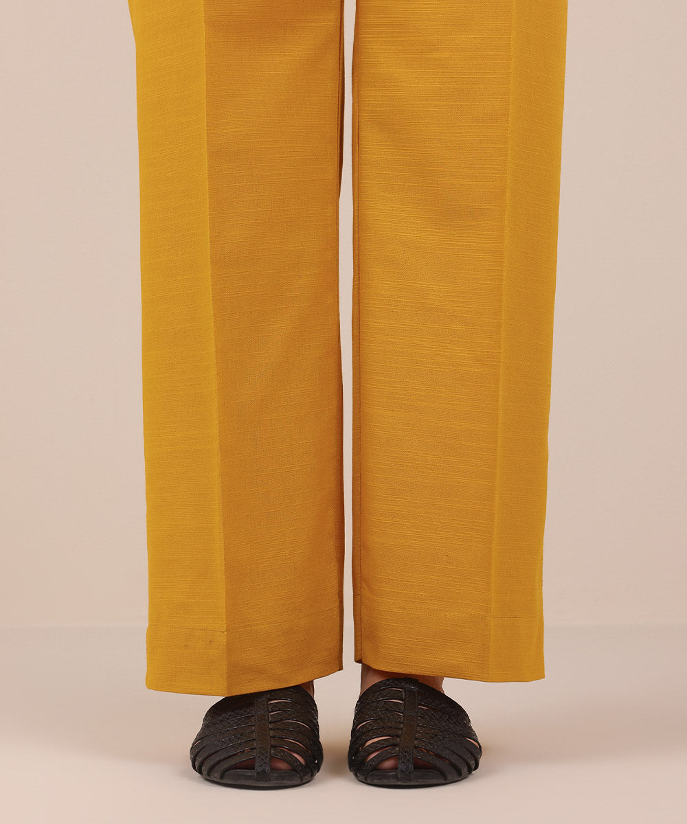 Women's Pret Yellow Solid Khaddar Straight Trousers