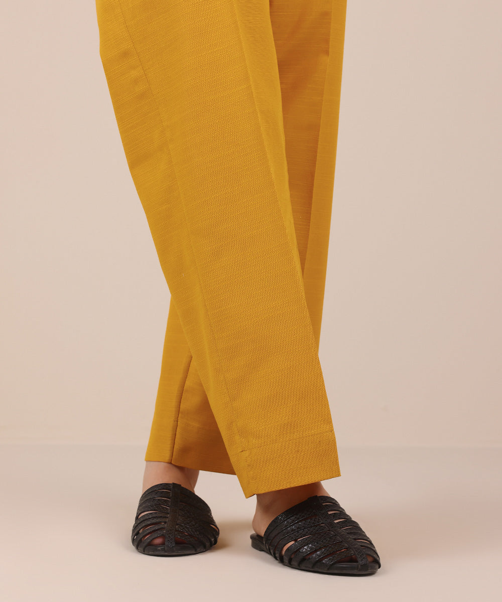 Women's Pret Yellow Solid Khaddar Straight Trousers