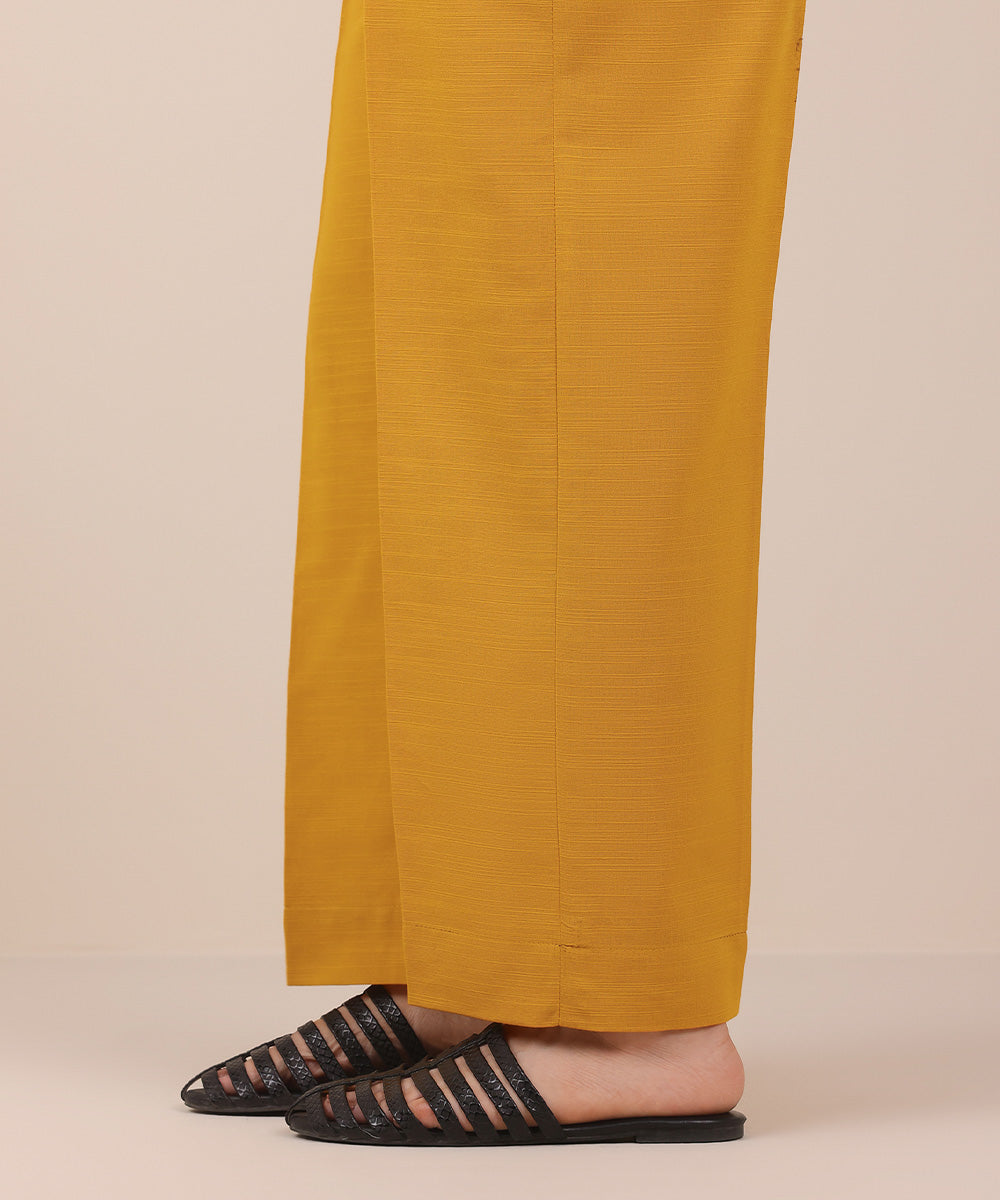 Women's Pret Yellow Solid Khaddar Straight Trousers