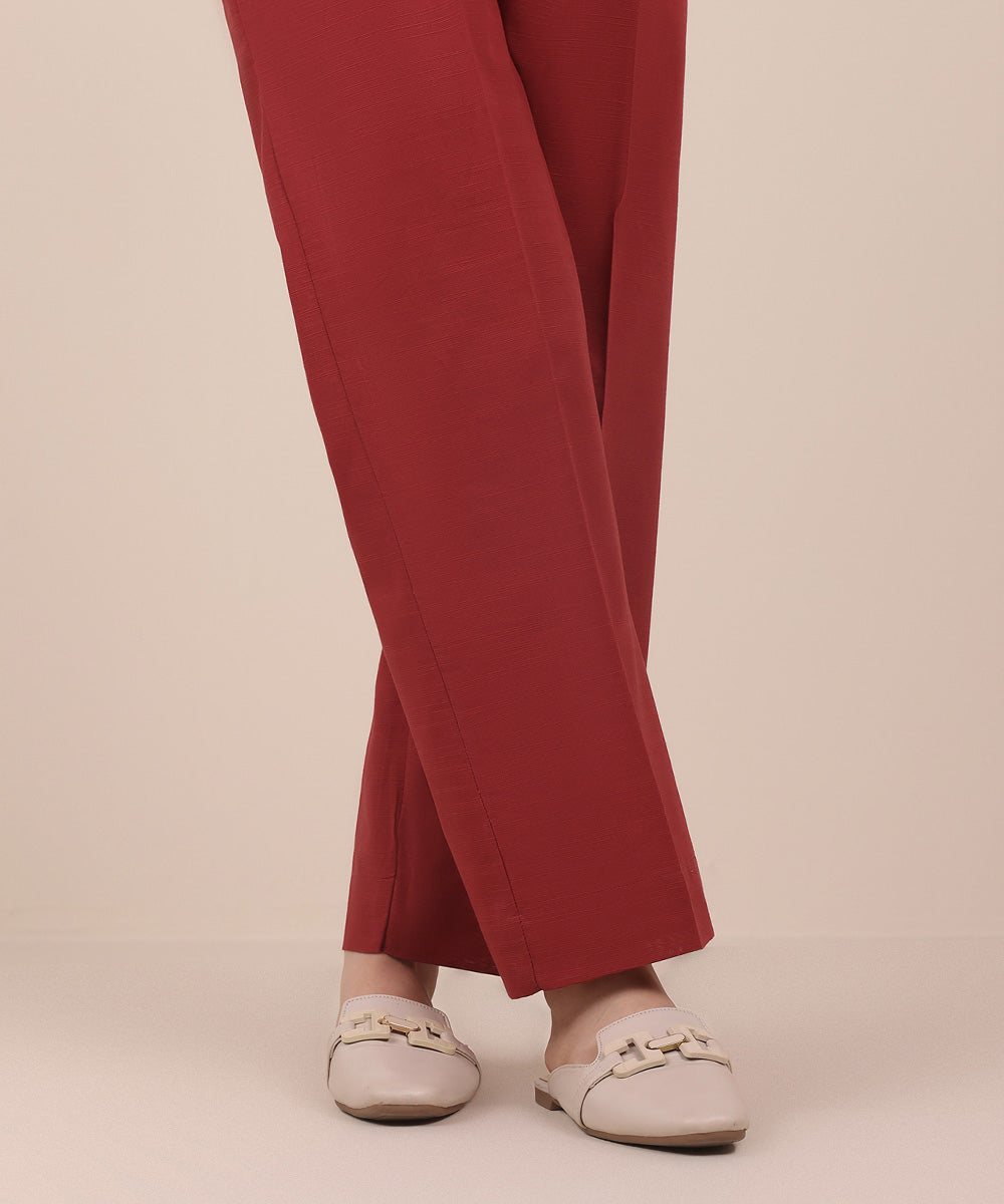 Women's Pret Red Solid Khaddar Straight Trousers