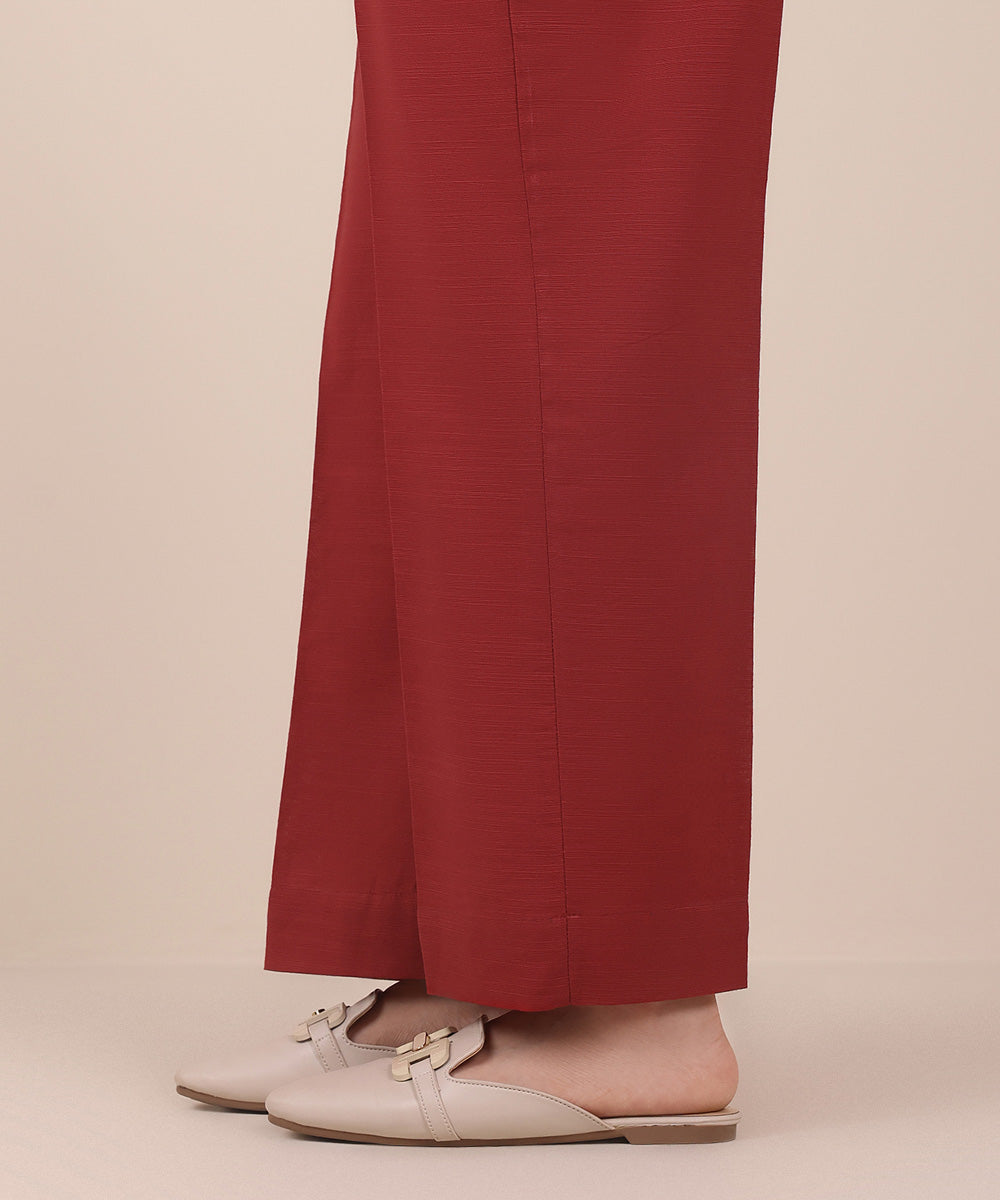 Women's Pret Red Solid Khaddar Straight Trousers