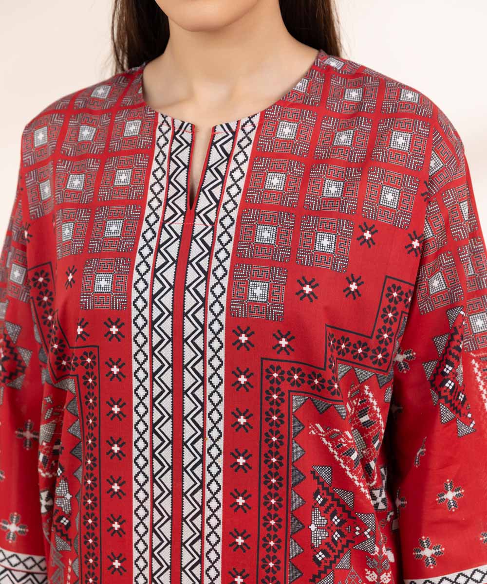 Women's Pret Cambric Red Printed Boxy Shirt