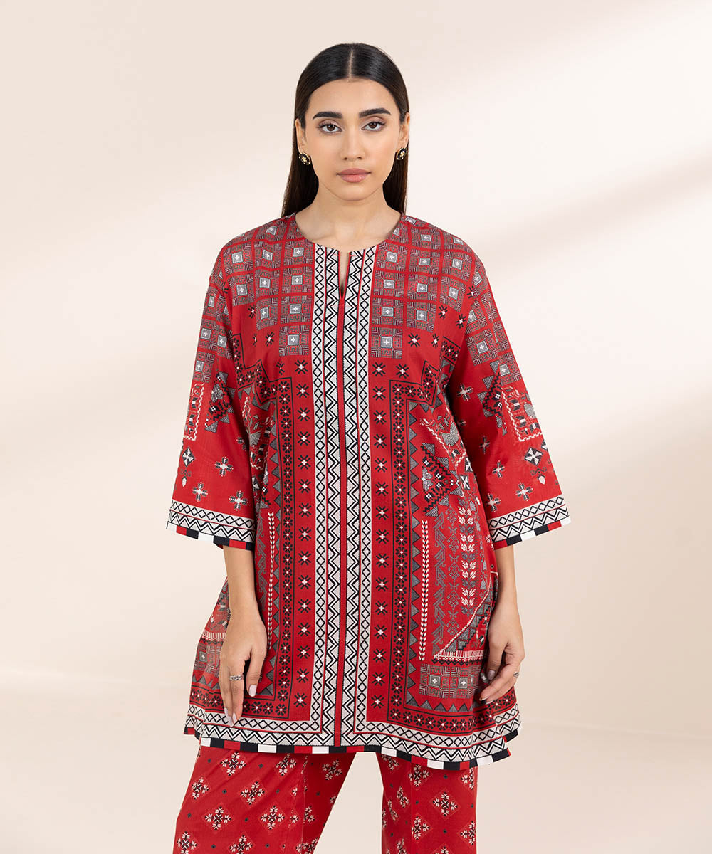 Women's Pret Cambric Red Printed Boxy Shirt