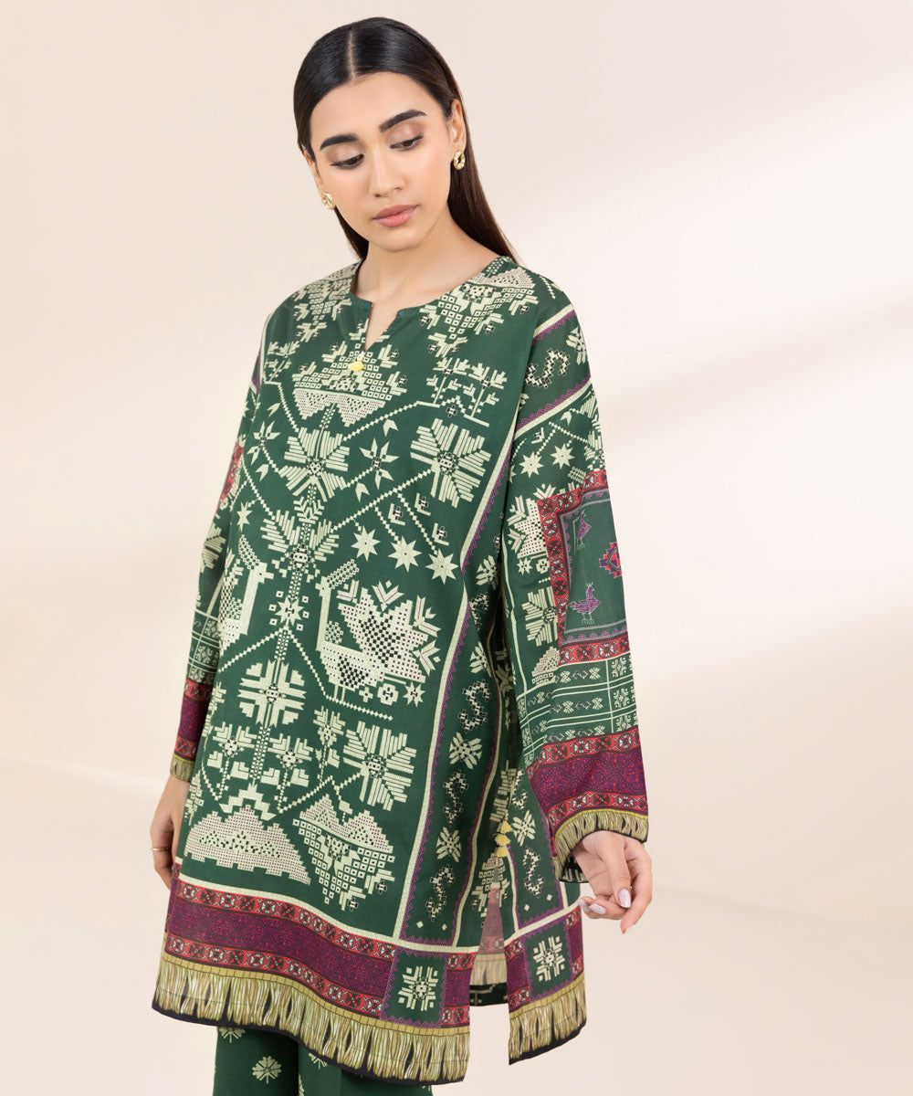 Women's Pret Cambric Green Printed Boxy Shirt