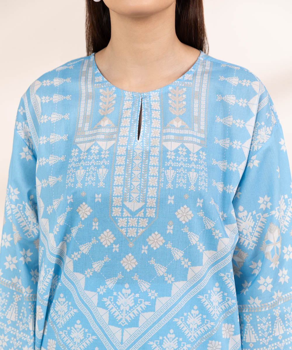 Women's Pret Cambric Blue Printed Boxy Shirt