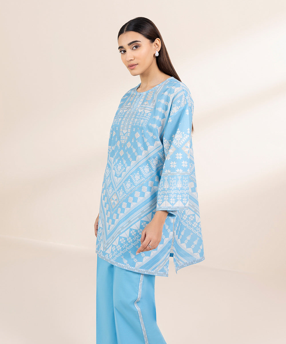 Women's Pret Cambric Blue Printed Boxy Shirt