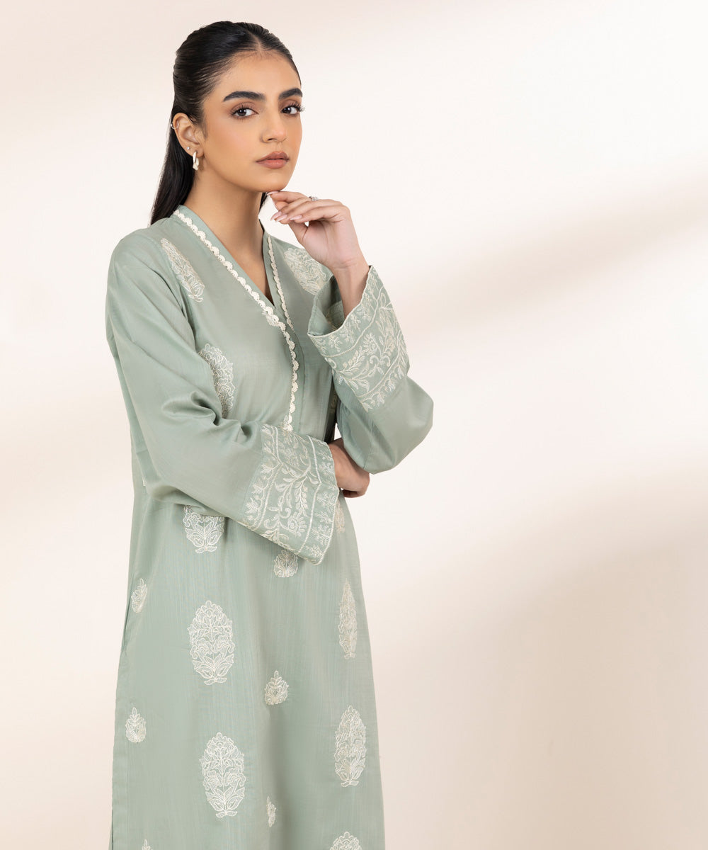 Women's Pret Cross Hatch Green Embroidered A-Line Shirt