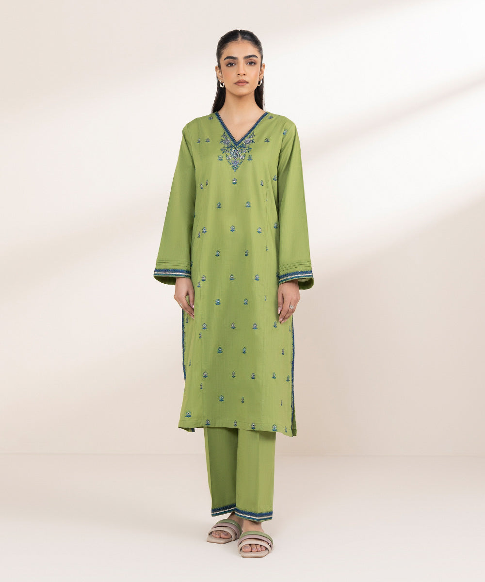 Women's Pret Cross Hatch Green Embroidered Straight Shirt