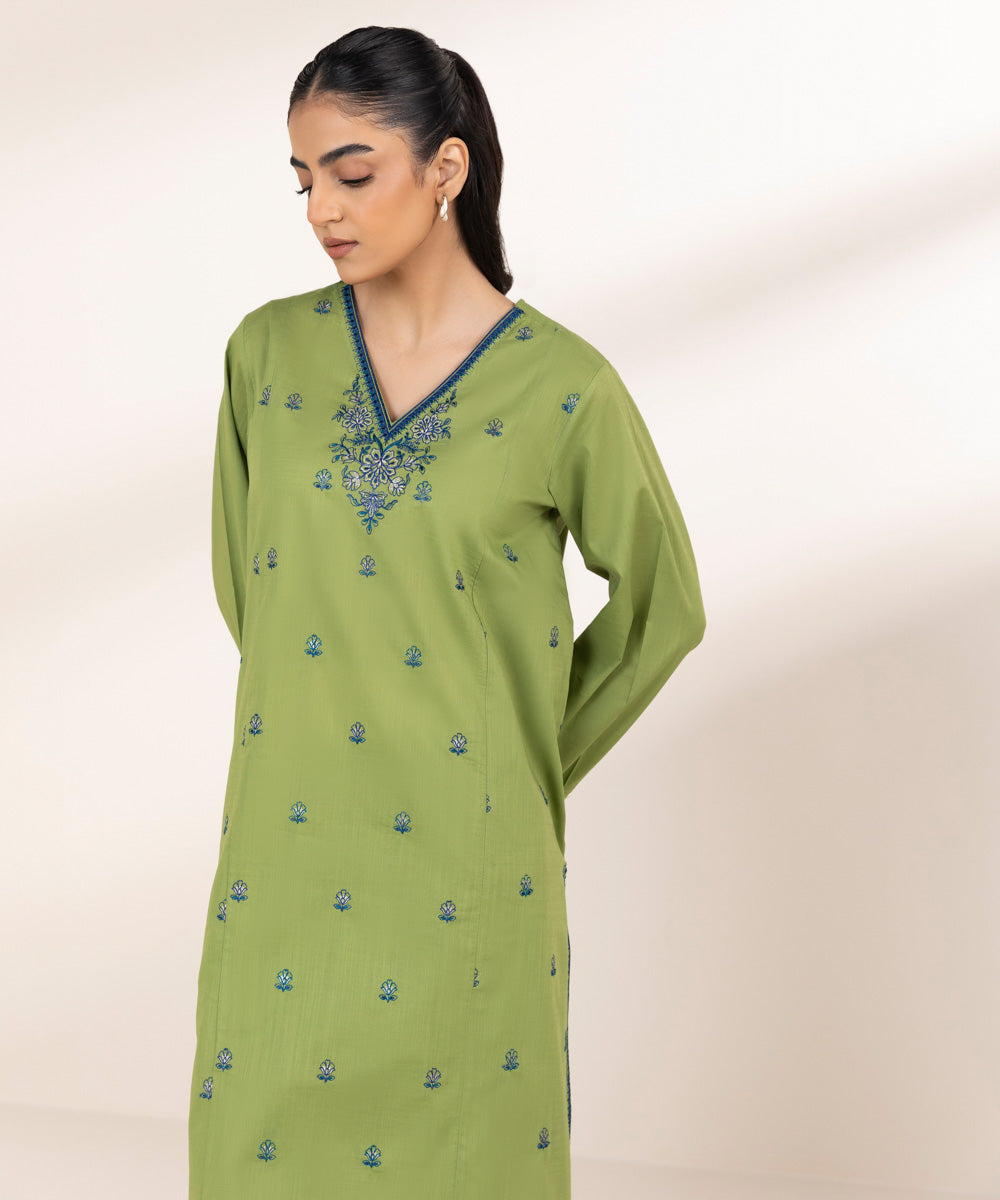 Women's Pret Cross Hatch Green Embroidered Straight Shirt