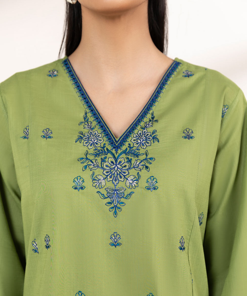 Women's Pret Cross Hatch Green Embroidered Straight Shirt