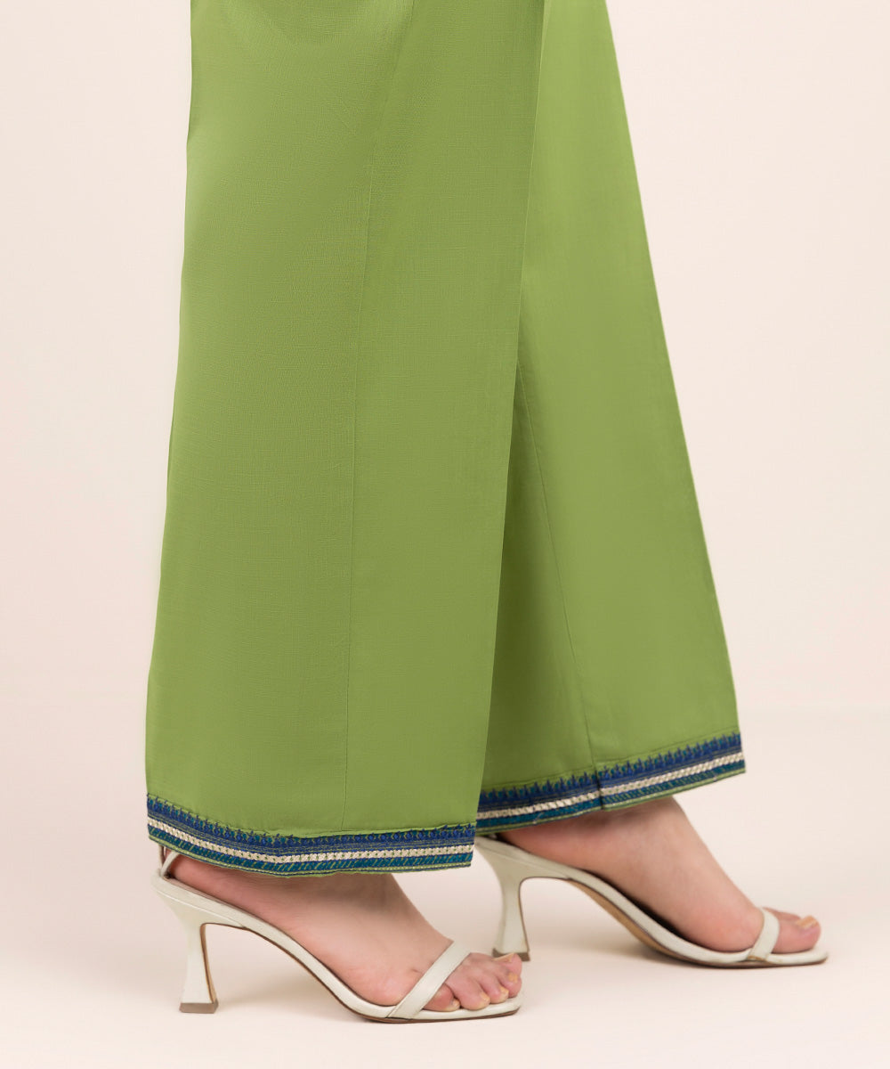 Women's Pret Cross Hatch Green Embroidered Straight Pants