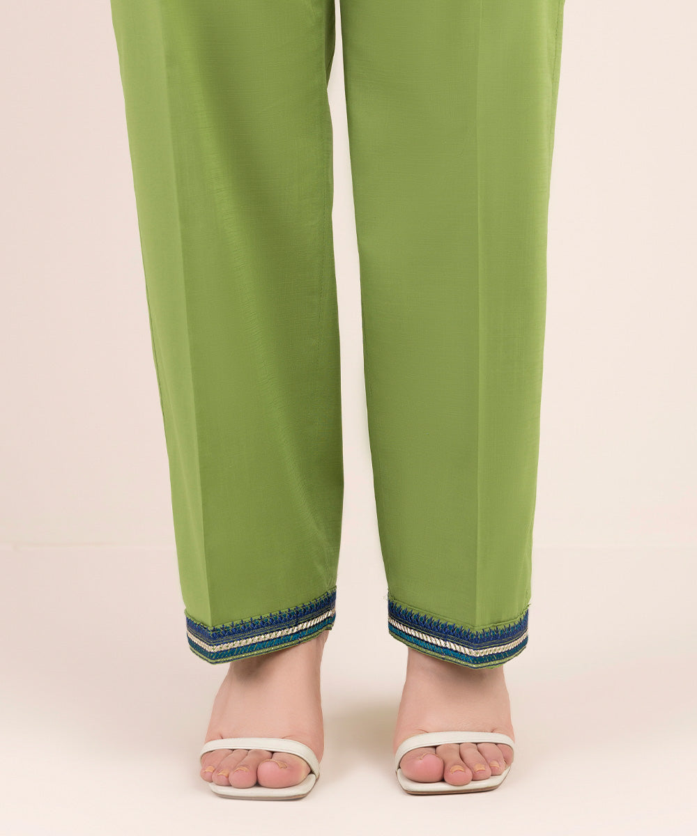 Women's Pret Cross Hatch Green Embroidered Straight Pants