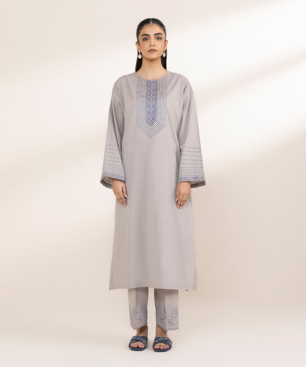 Women's Pret Cross Hatch Grey Embroidered Boxy Shirt