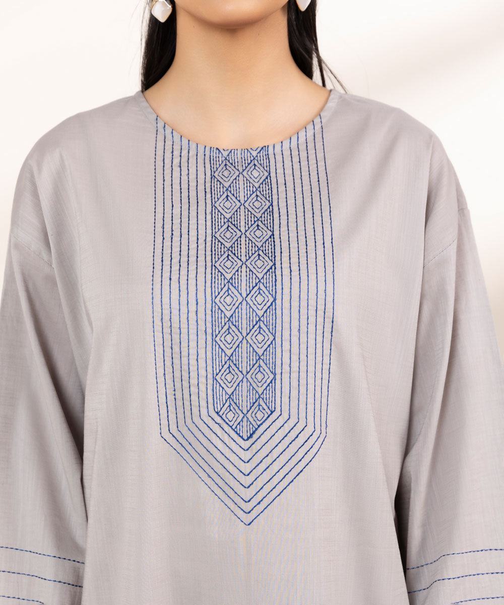 Women's Pret Cross Hatch Grey Embroidered Boxy Shirt