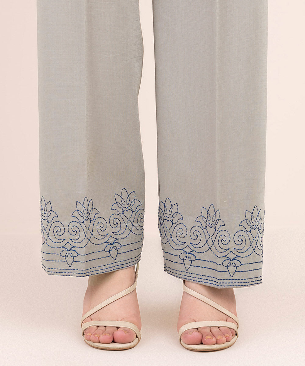 Women's Pret Cross Hatch Grey Embroidered Straight Pants