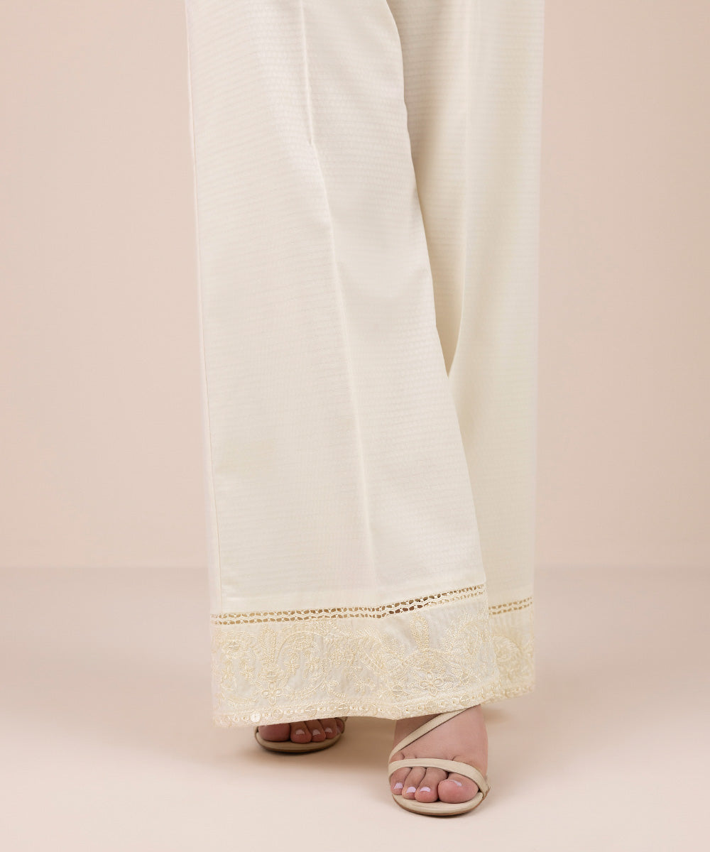 Women's Pret Dobby Off White Embroidered Flared Pants