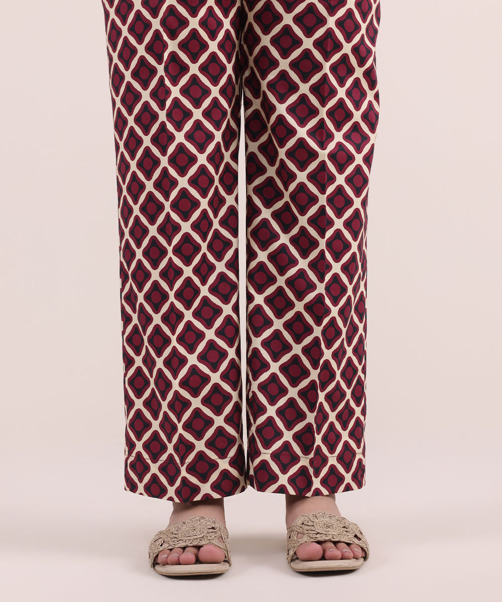 Women's Pret Cotton Red Printed Straight Pants