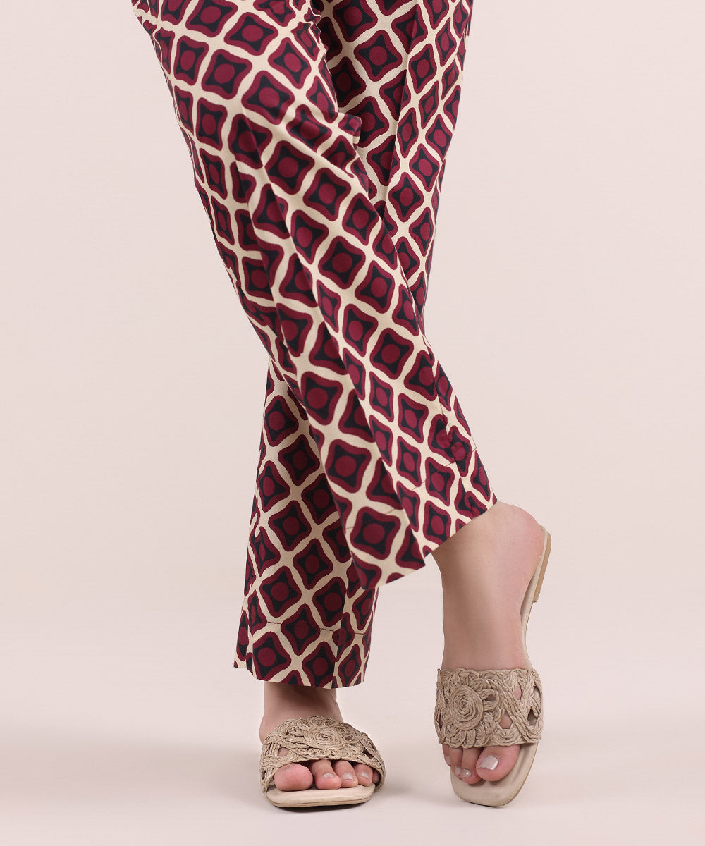 Women's Pret Cotton Red Printed Straight Pants