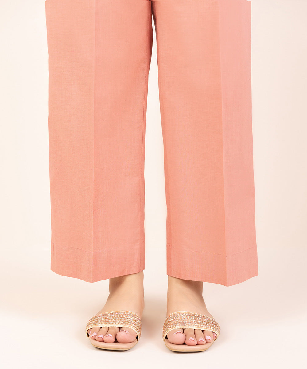 Women's Pret Textured Cotton Pink Solid Straight Pants