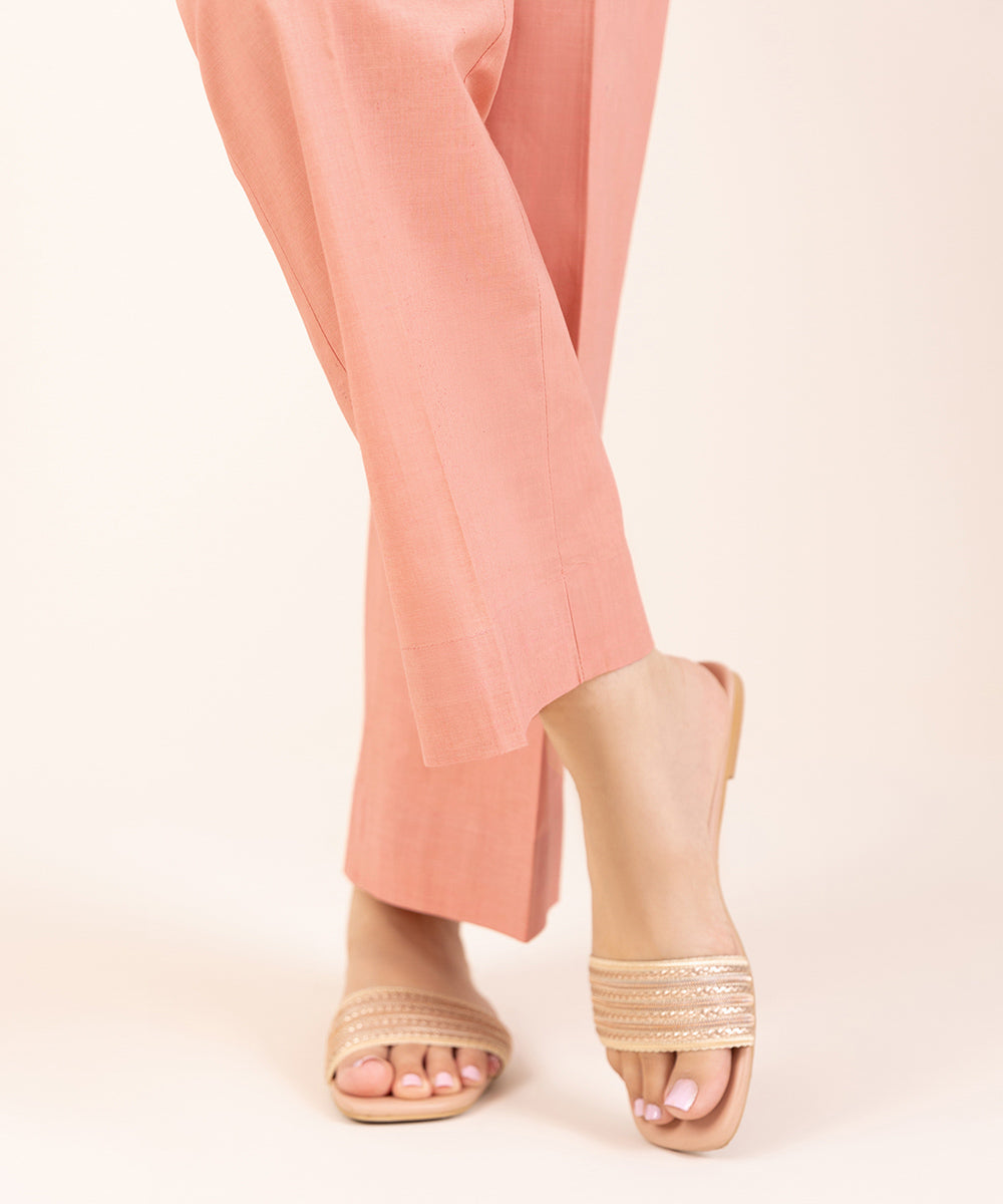 Women's Pret Textured Cotton Pink Solid Straight Pants