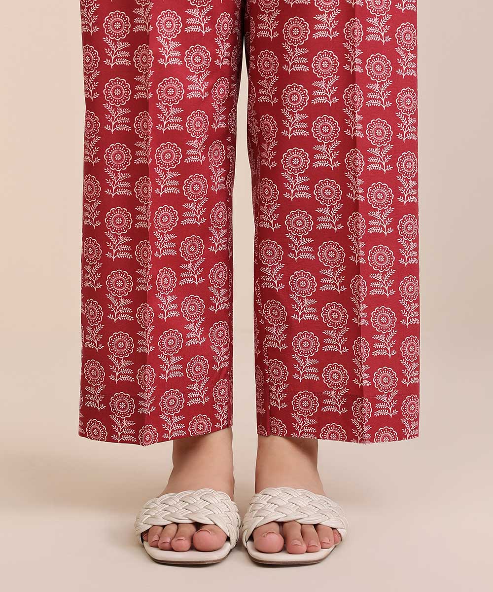 Women's Pret Cambric Red Printed Straight Pants