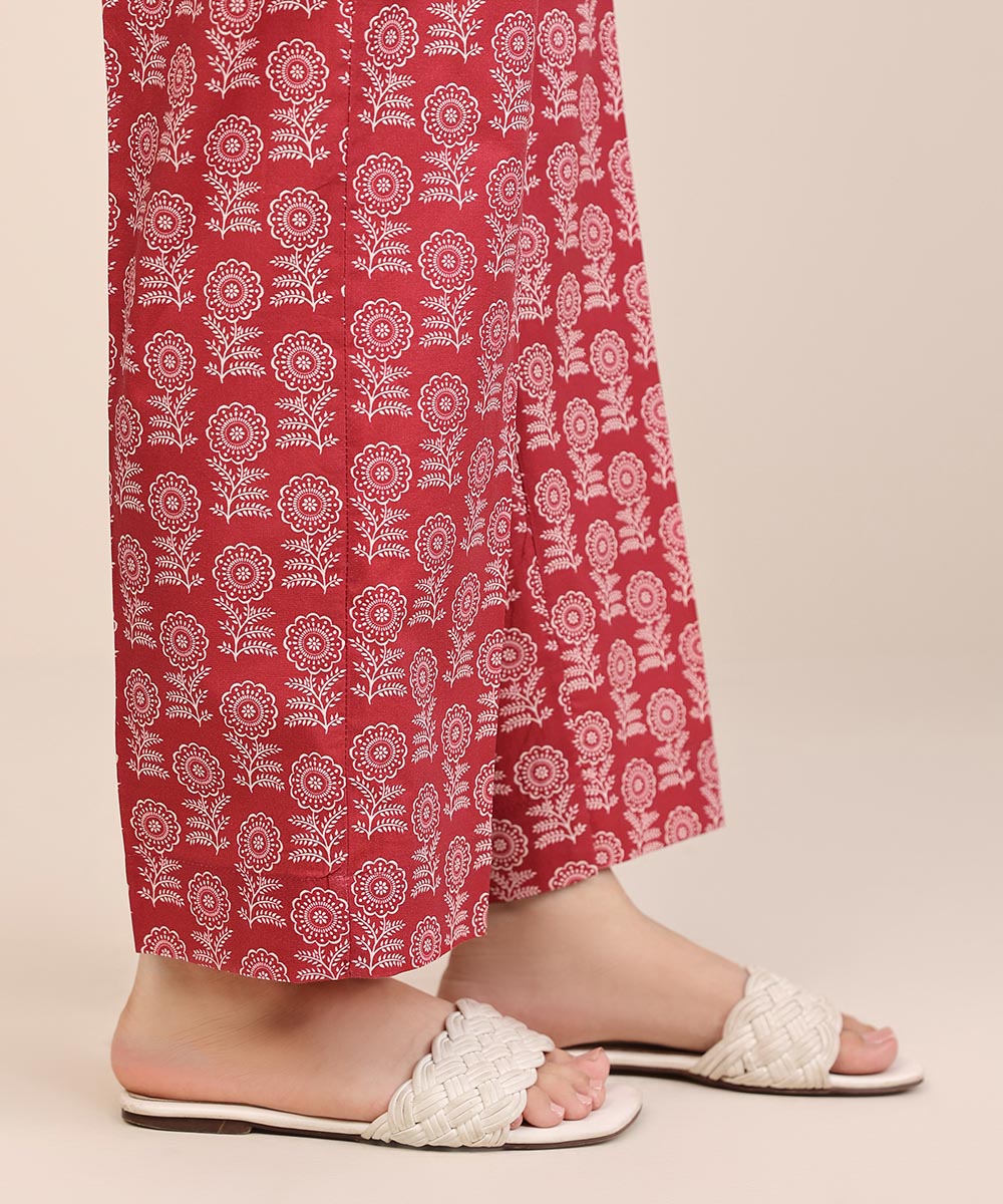 Women's Pret Cambric Red Printed Straight Pants