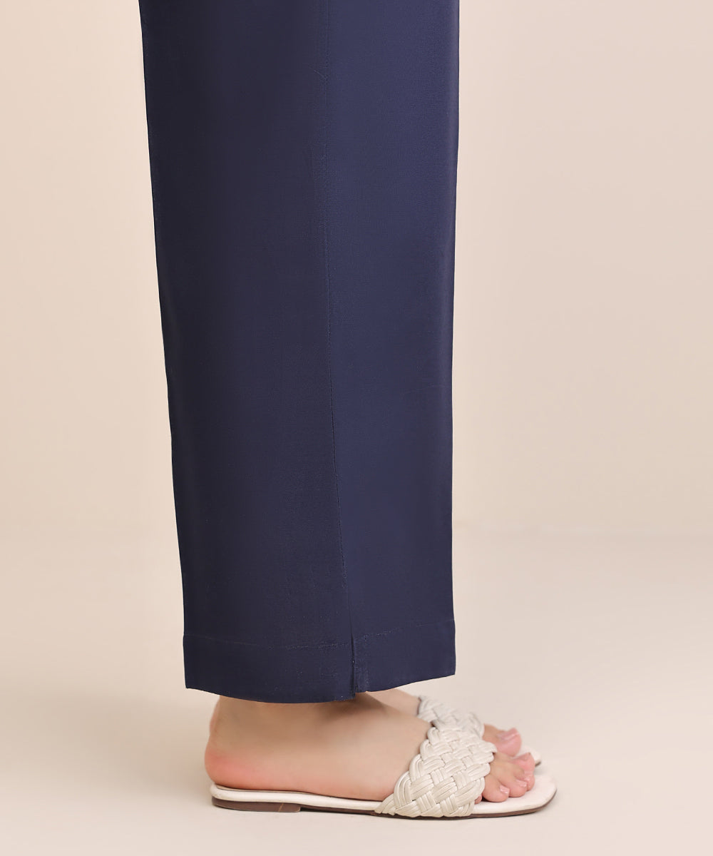 Women's Pret Cambric Blue Solid Straight Pants