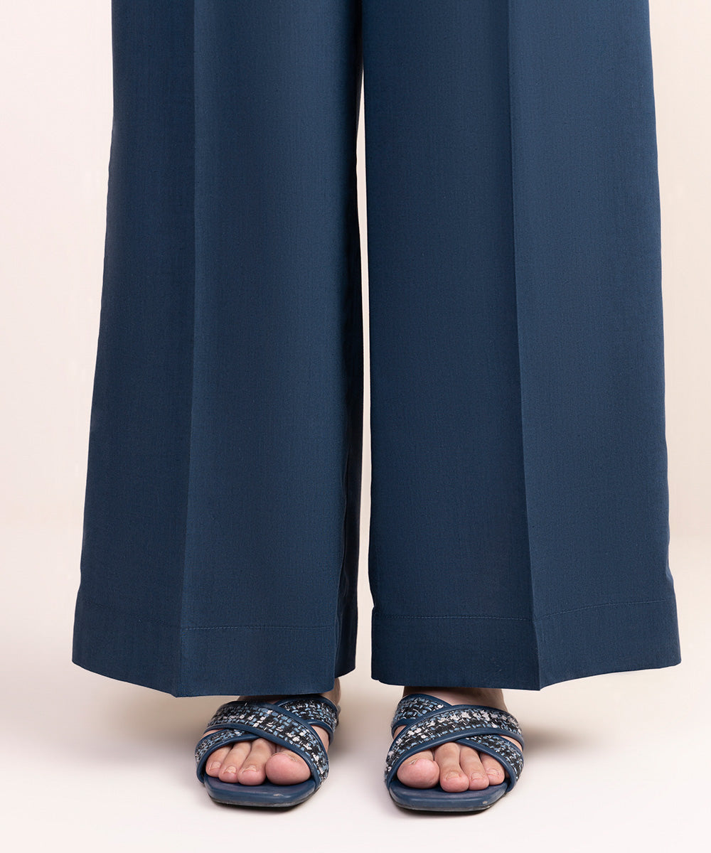 Women's Pret Cotton Viscose Blue Solid Culottes