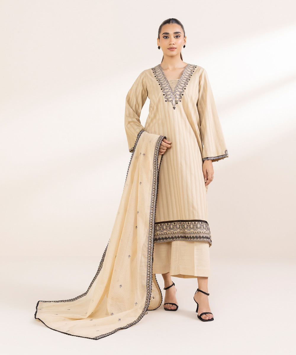 Blended Textured Karandi Beige Embroidered Dupatta