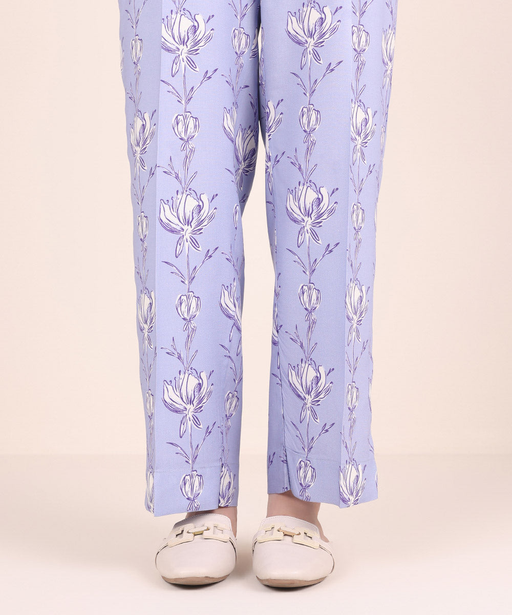 Women's Pret Linen Printed Light Indigo Straight Pants