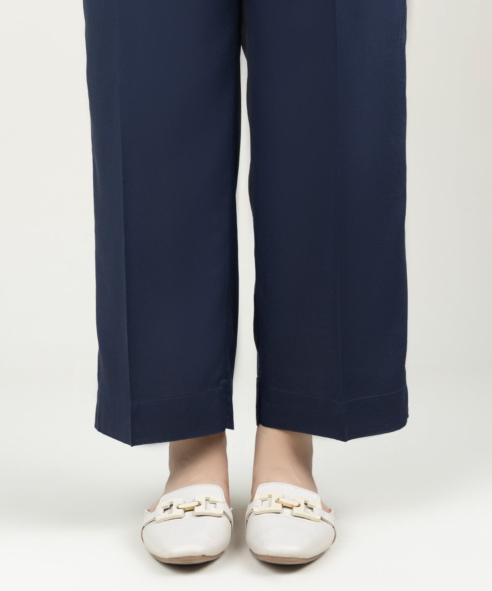 Women's Pret Linen Solid Navy Blue Straight Pants