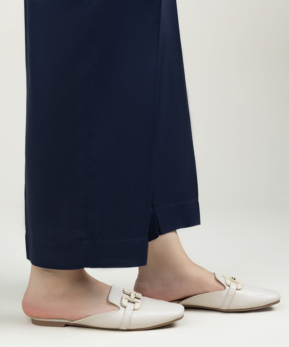 Women's Pret Linen Solid Navy Blue Straight Pants