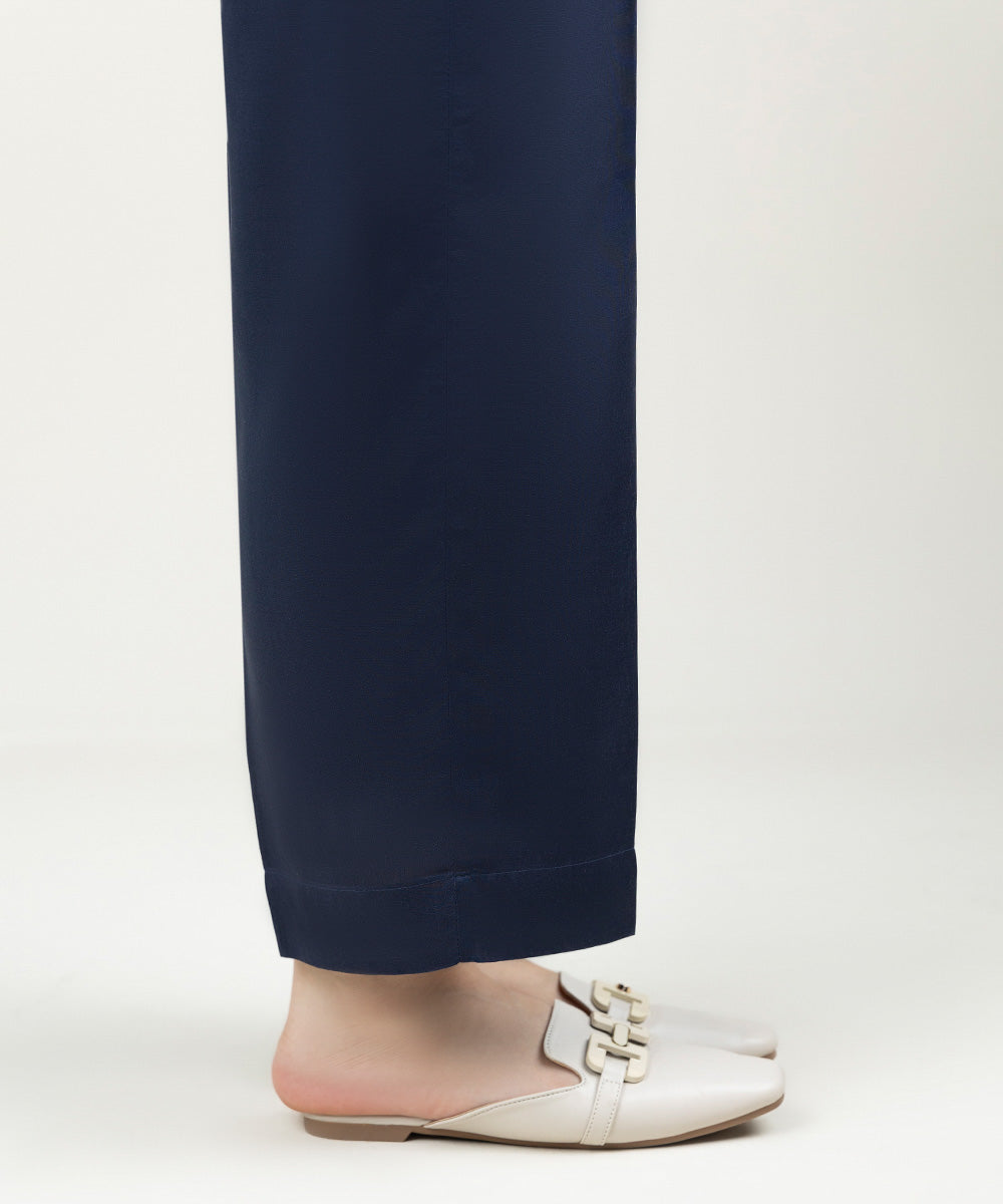 Women's Pret Linen Solid Navy Blue Straight Pants