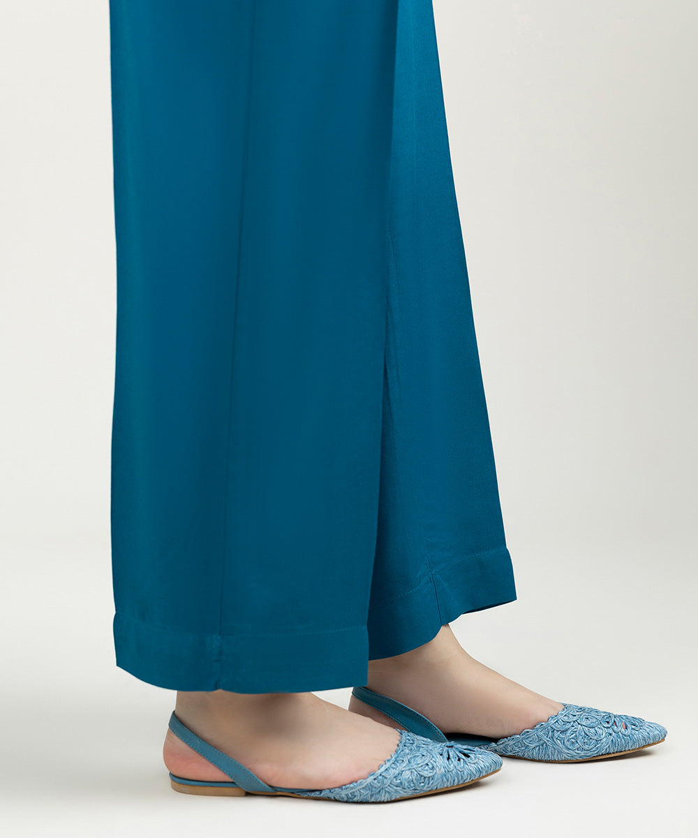 Women's Pret Linen Solid Teal Straight Pants