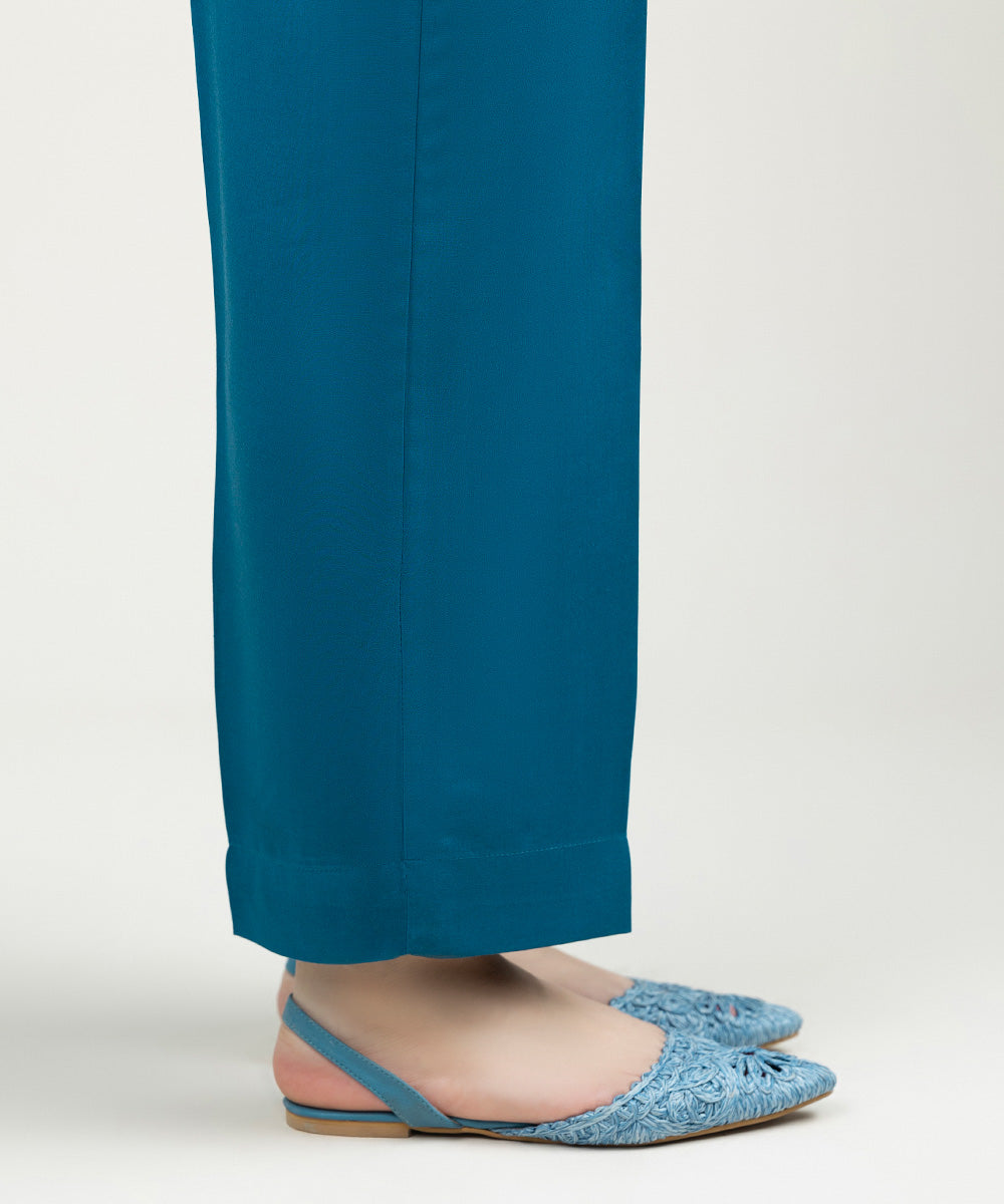 Women's Pret Linen Solid Teal Straight Pants