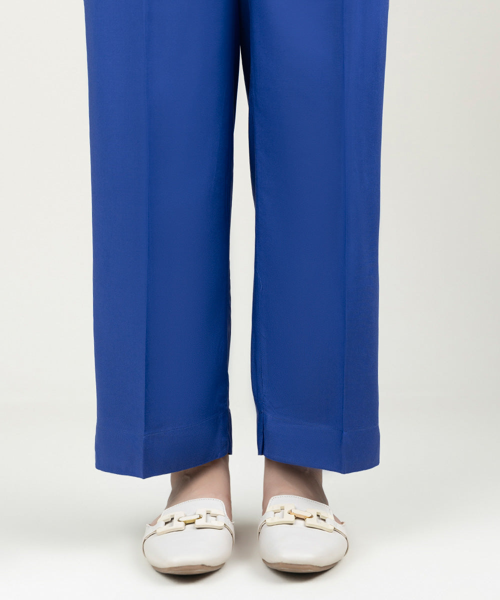 Women's Pret Linen Solid Cobalt Blue Straight Pants