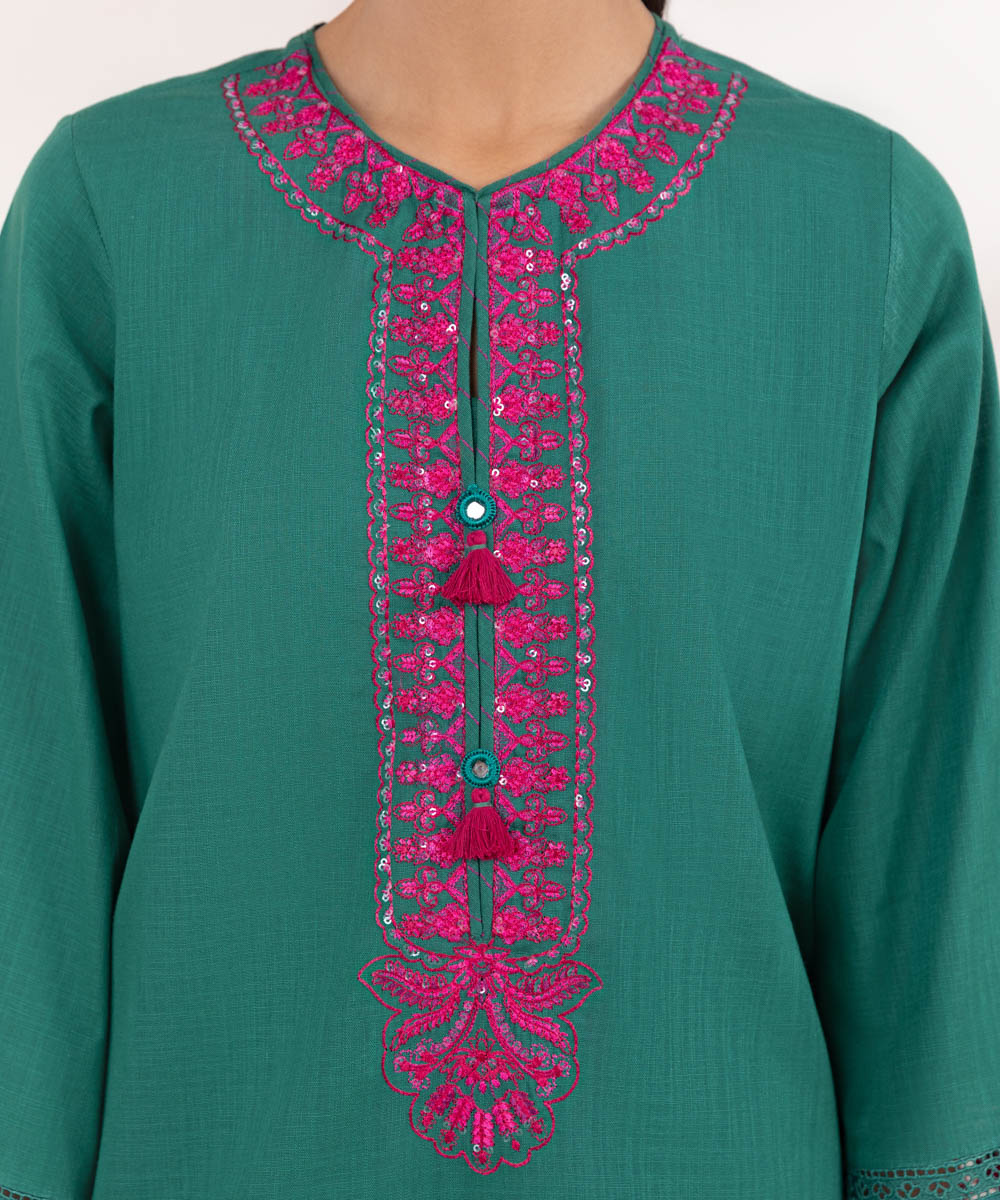 Women's Pret Cross Hatch Green Embroidered A-Line Shirt