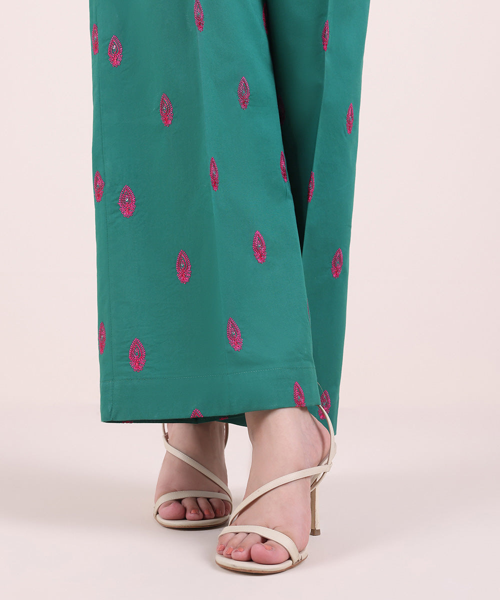 Women's Pret Cambric Green Embroidered Culottes