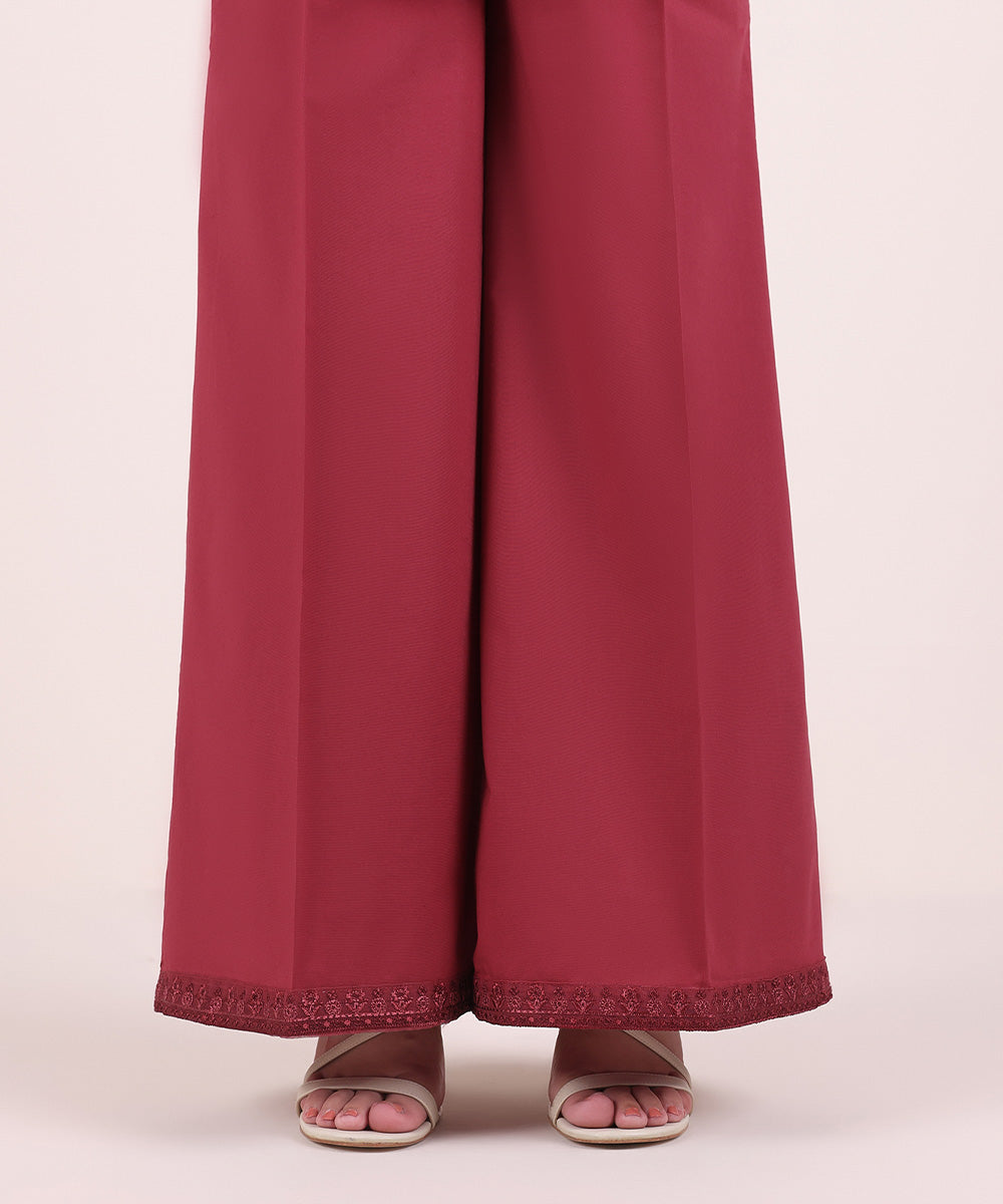 Women's Pret Cambric Red Embroidered Flared Pants