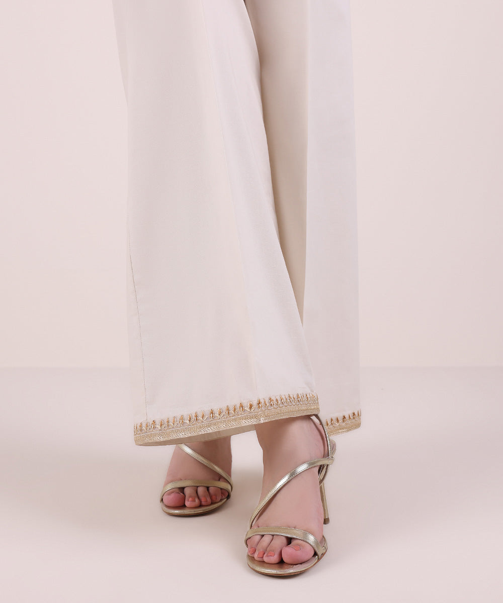 Women's Pret Cambric Off White Embroidered Flared Pants