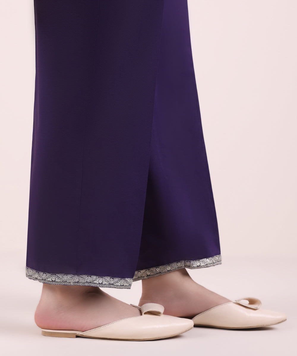 Women's Pret Cambric Purple Embroidered Straight Pants