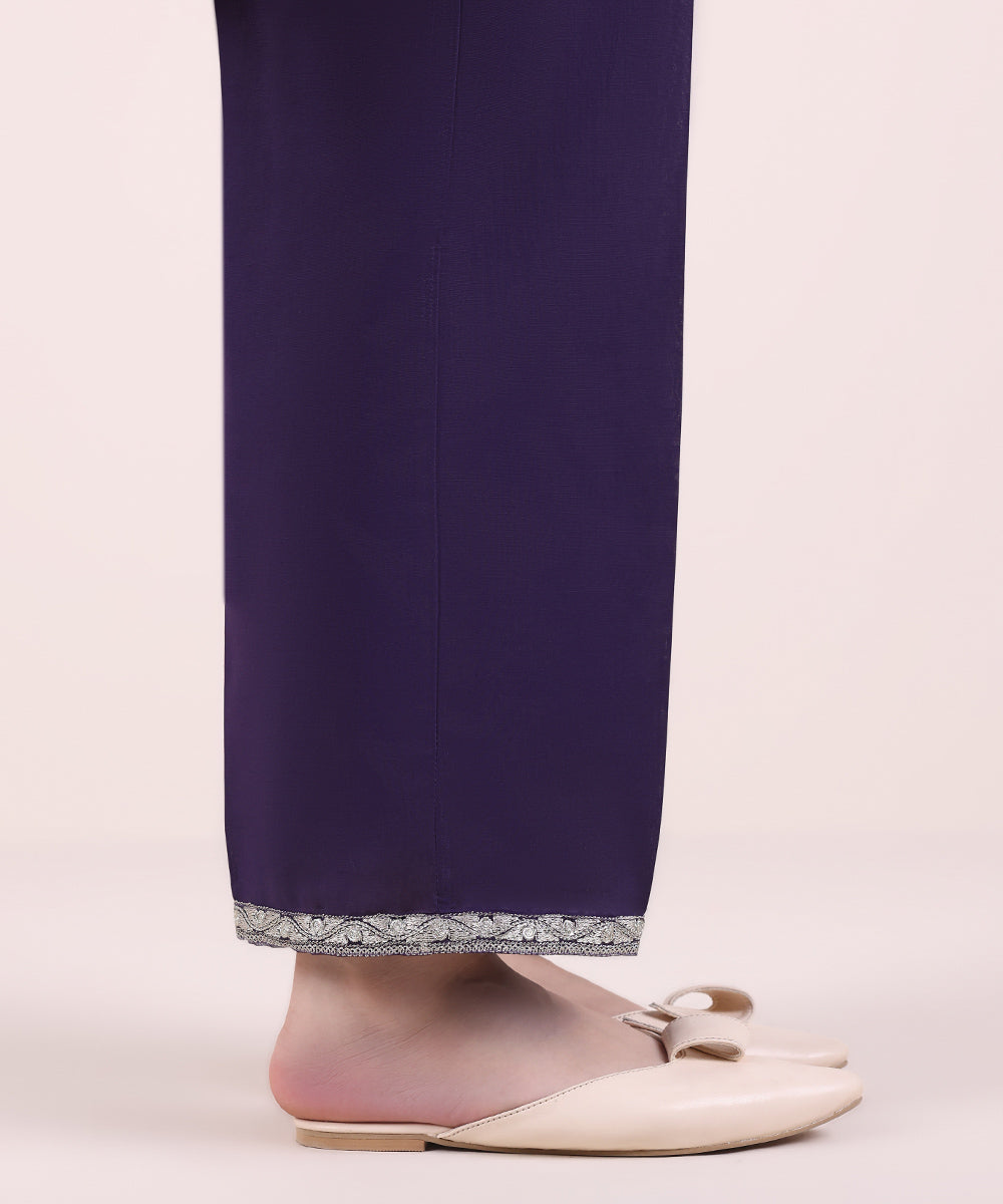 Women's Pret Cambric Purple Embroidered Straight Pants