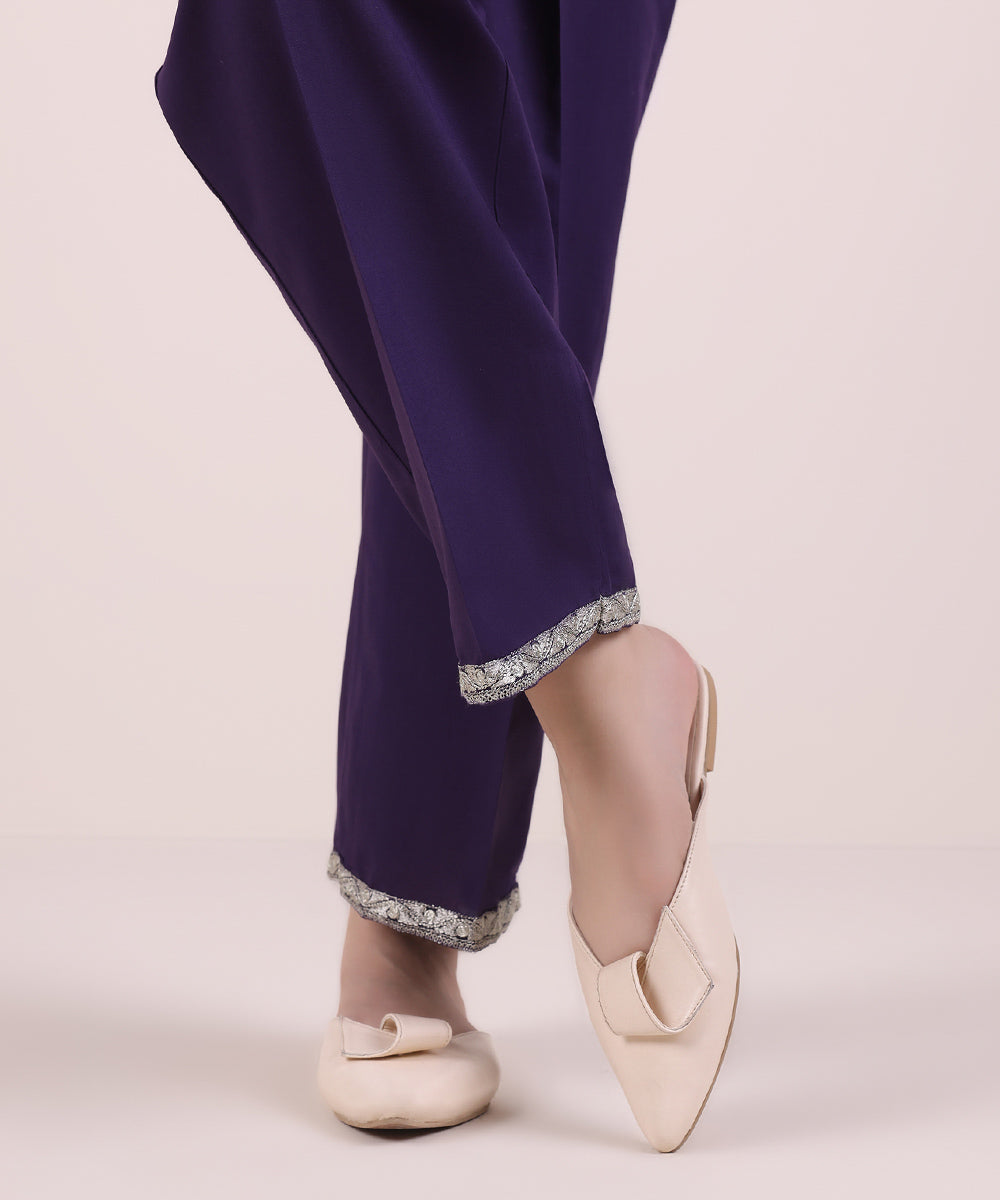 Women's Pret Cambric Purple Embroidered Straight Pants