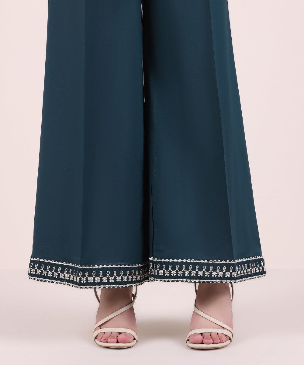 Women's Pret Cambric Blue Embroidered Flared Pants