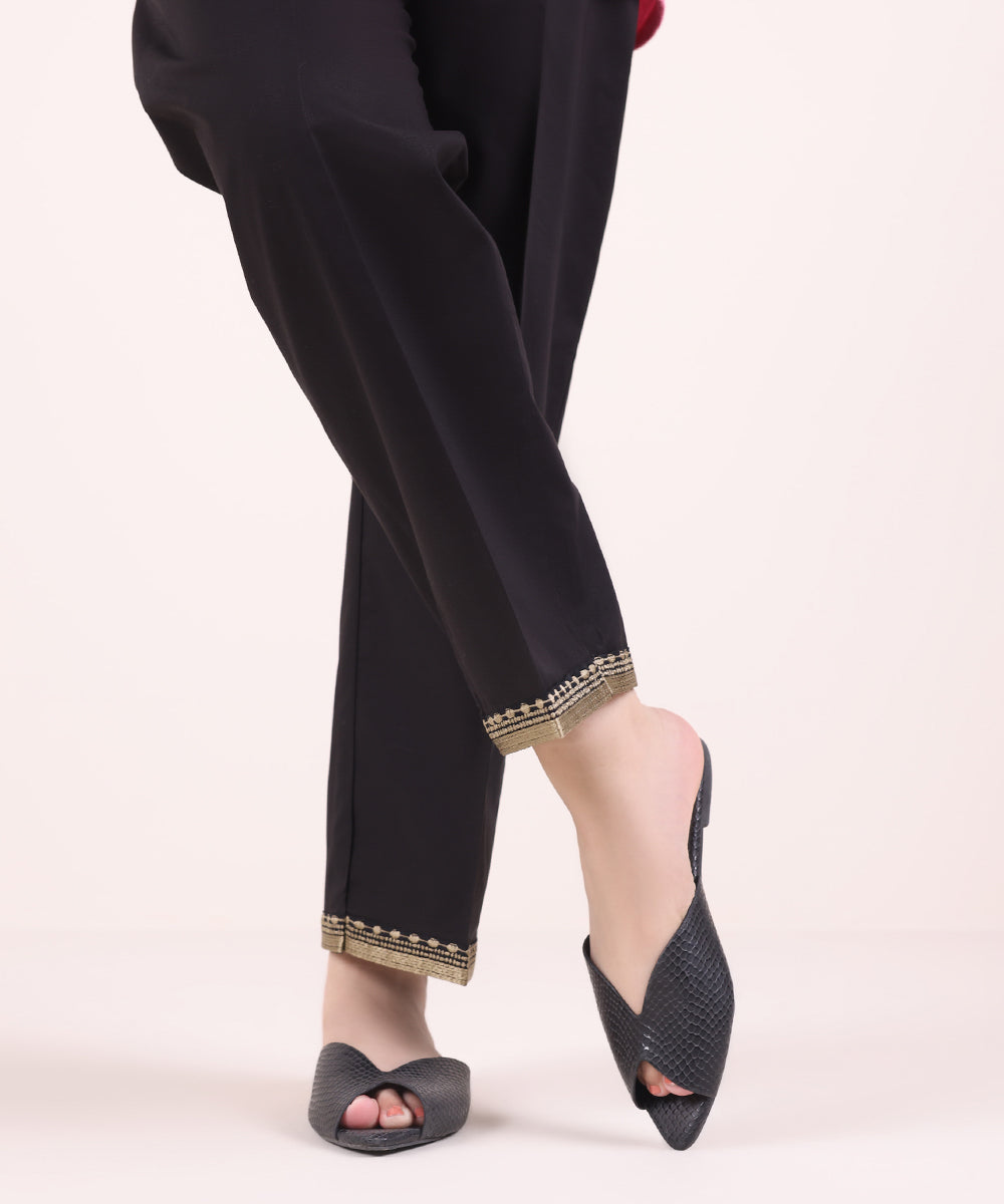 Women's Pret Cambric Black Embroidered Straight Pants